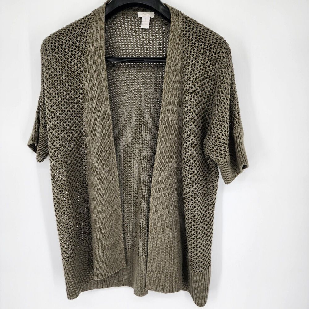 Chicos Sweater Womens Size 1 Small Short Sleeve Cardigan Oversized Olive Green